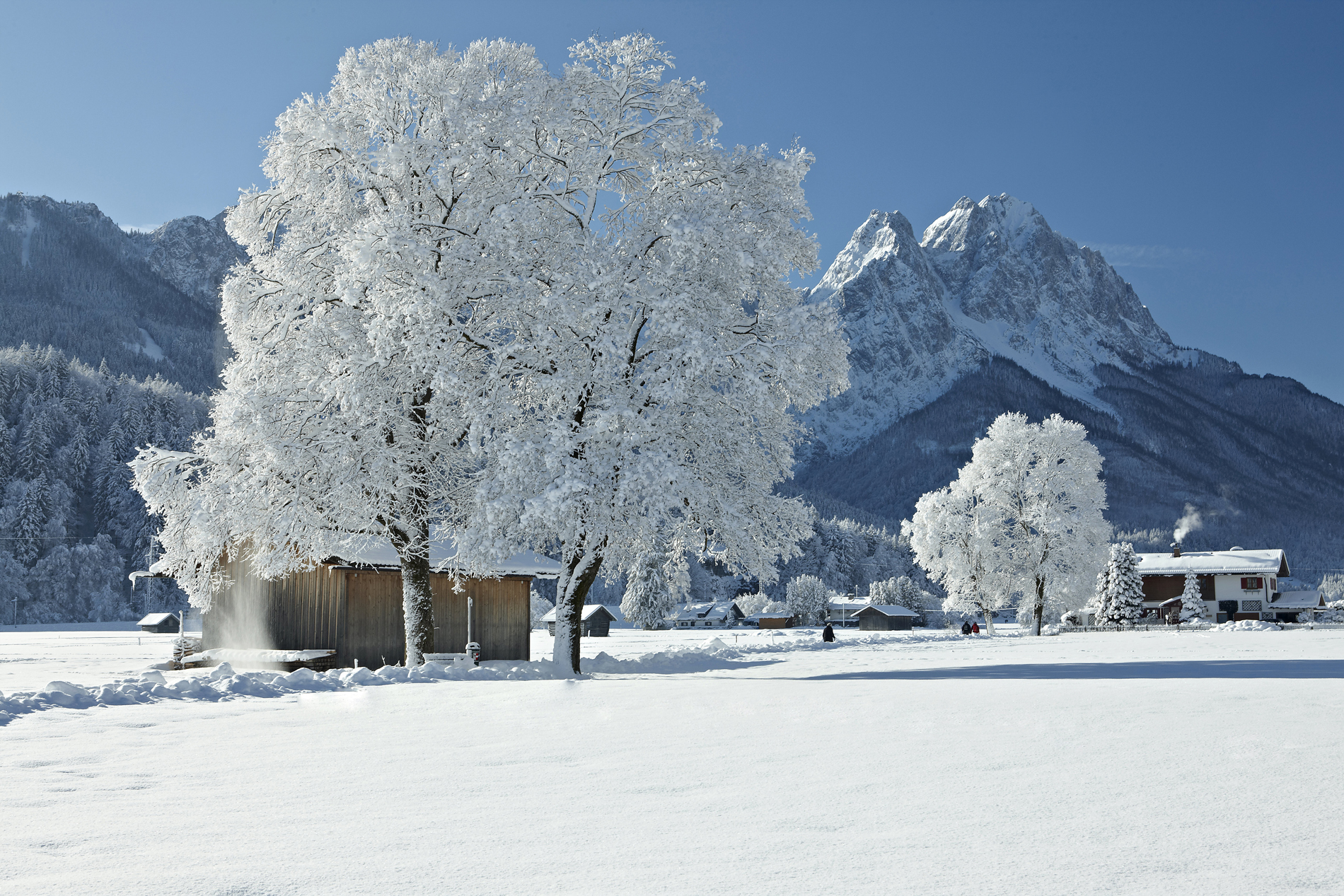 Verschneite Winterlandschaft mit Blick auf das Wettersteinmassiv